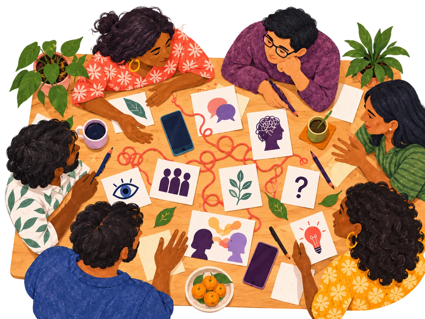 Handmade illustration of people sharing ideas and experimenting together around a table.
